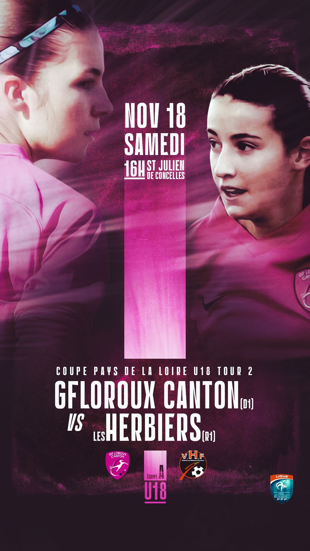 Affiche du match de Coupe des Pays de la Loire entre les Herbiers VF et le GF Loroux Canton